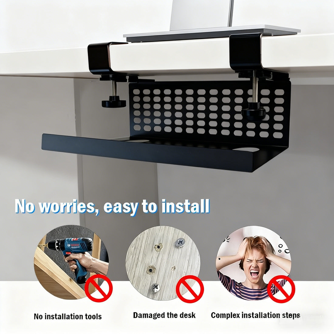 Bandeja metálica bajo escritorio con abrazadera